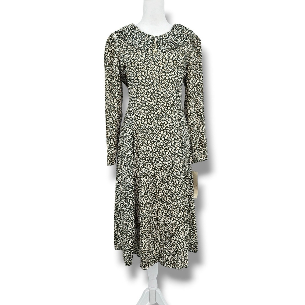 VTG 90s Floral Midi Dress 16 Forest Green Cottagecore Prairie Coquette Tie Back